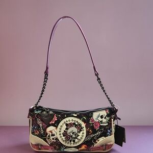 NEW Ed Hardy Skull Patch Rose With Rhinestones & Heart Charm Crossbody 10X5.5X2"